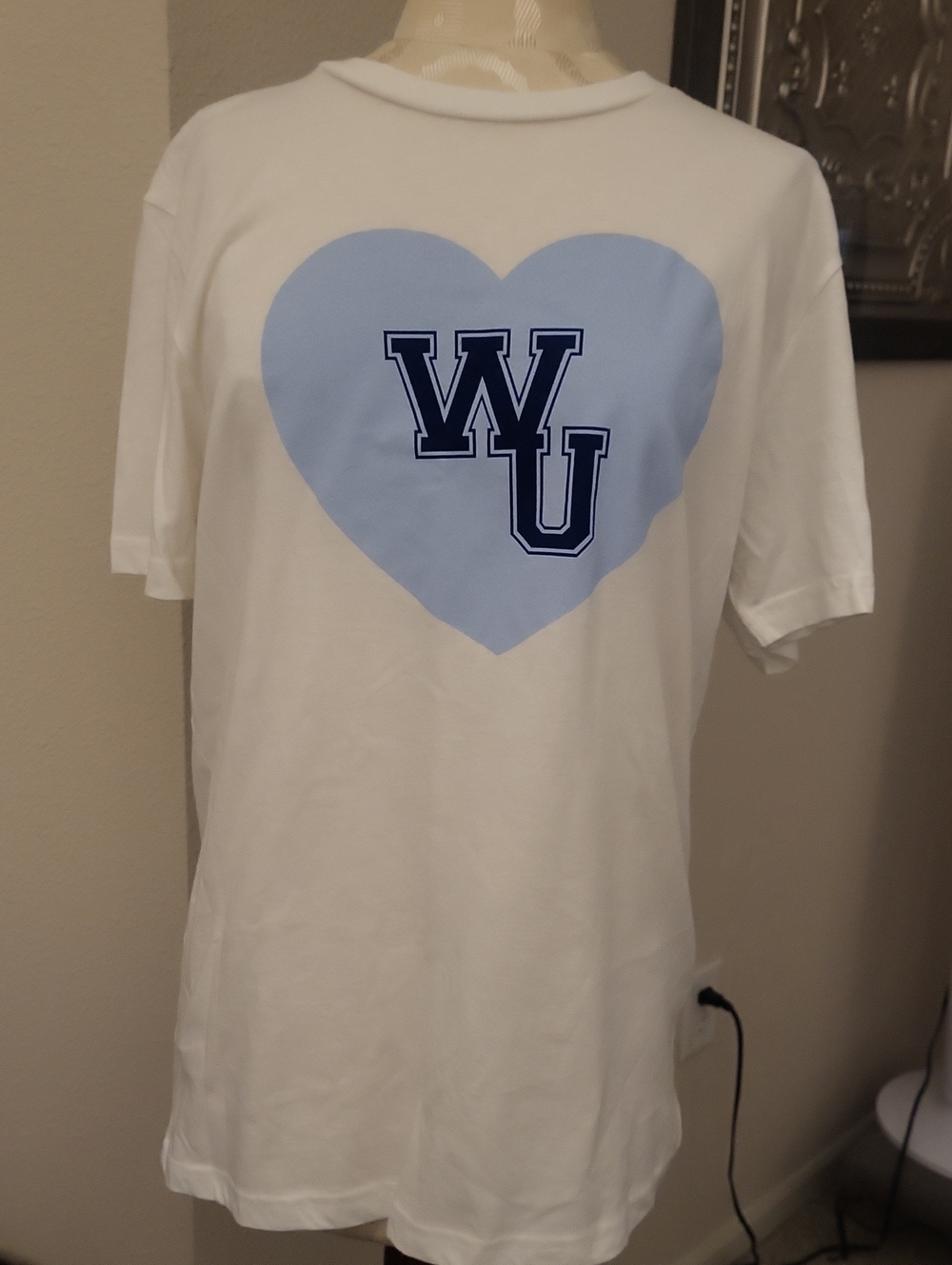 White Short Sleeve Tee with Light Blue Heart and Navy Lettering
